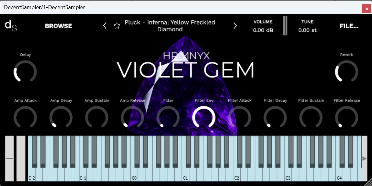 A screenshot of the Violet Gem Sample Library instrument interface in Decent Sampler.